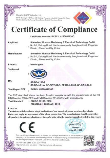 LA CHINE Shenzhen Wonsun Machinery &amp; Electrical Technology Co. Ltd Certifications